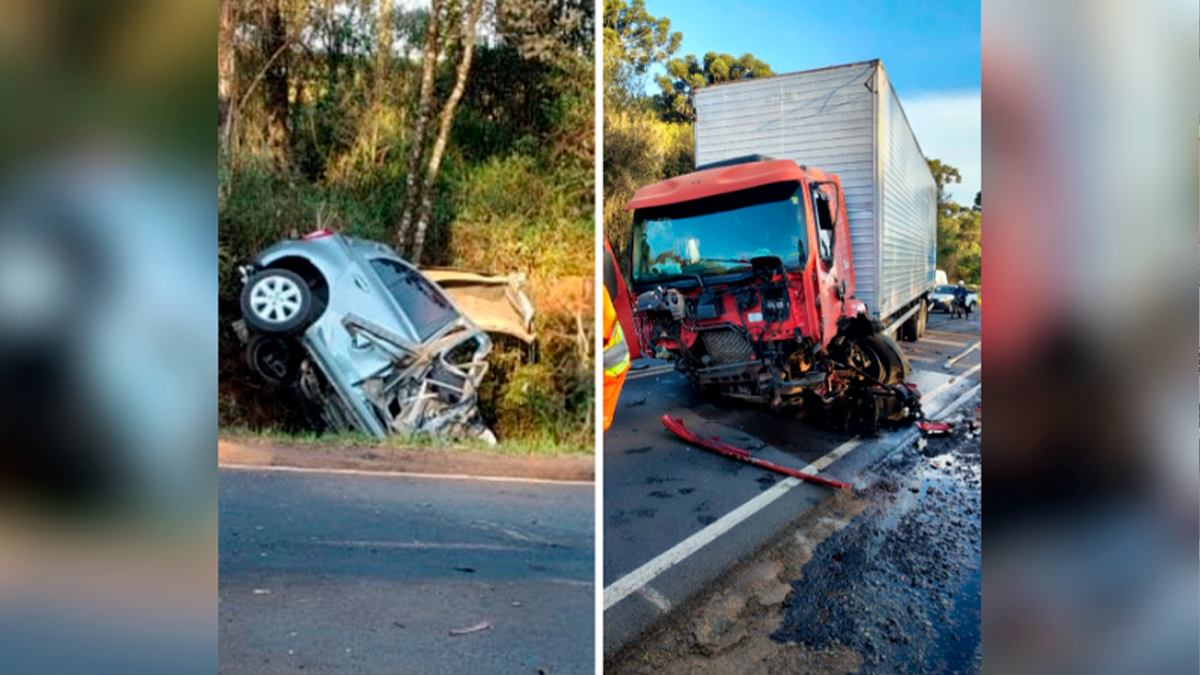 Grave colisão entre caminhões e carro deixa um ferido na PR-466, em Turvo