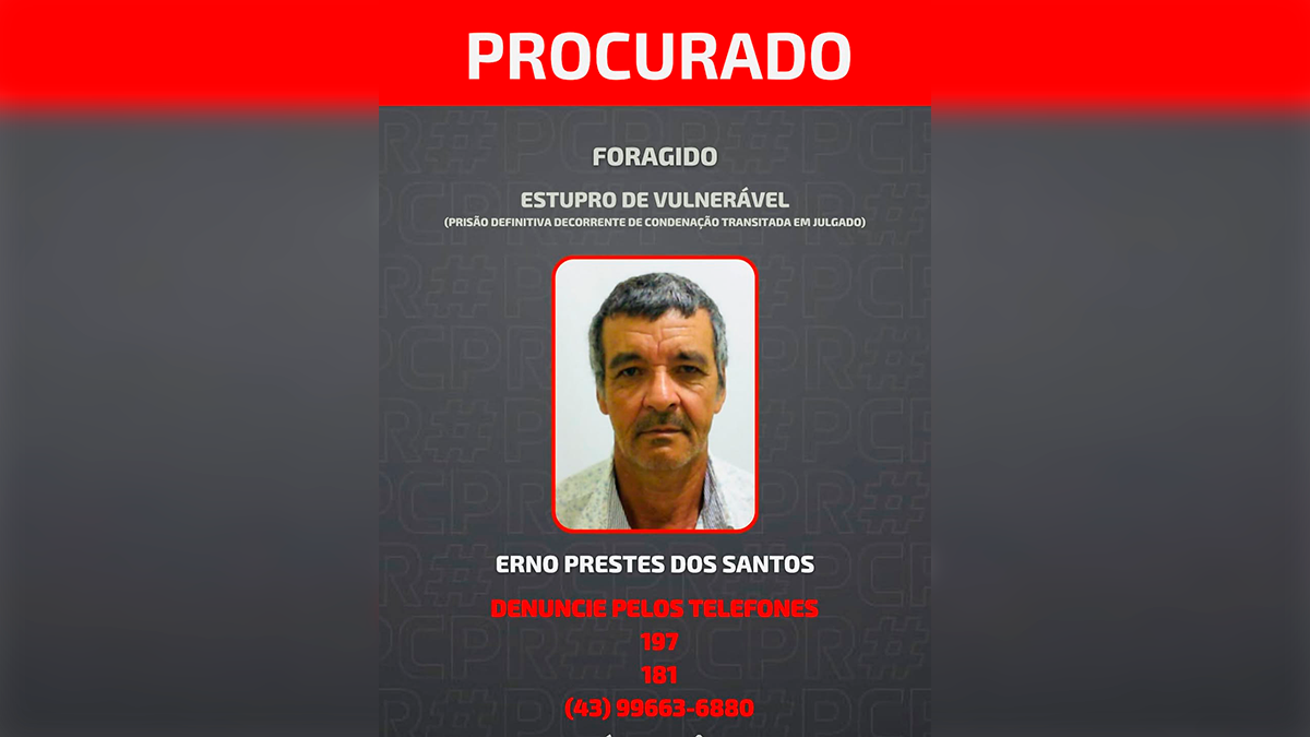 Polícia Civil divulga foto de idoso de 76 anos condenado por estupro em Cândido de Abreu