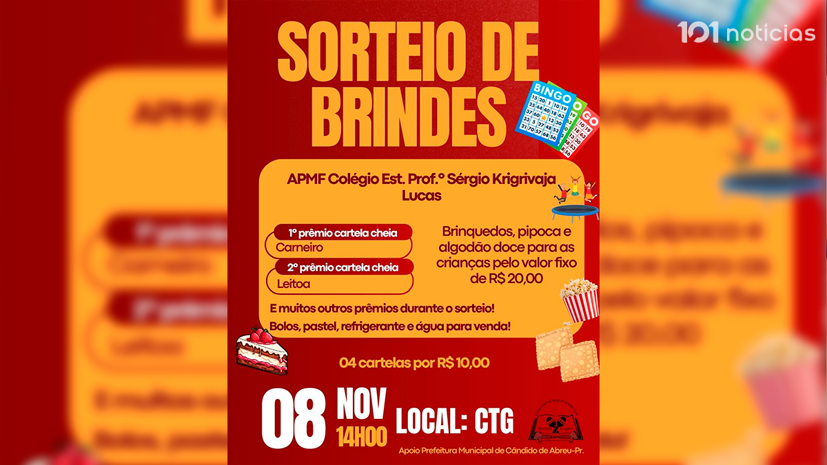 Colégio Sérgio Krigrivaja Lucas realiza sorteio de brindes neste sábado em Cândido de Abreu