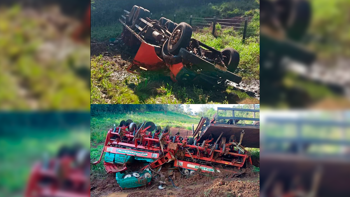 Caminhão tomba na PR-848 e motorista fica preso às ferragens em Ariranha do Ivaí