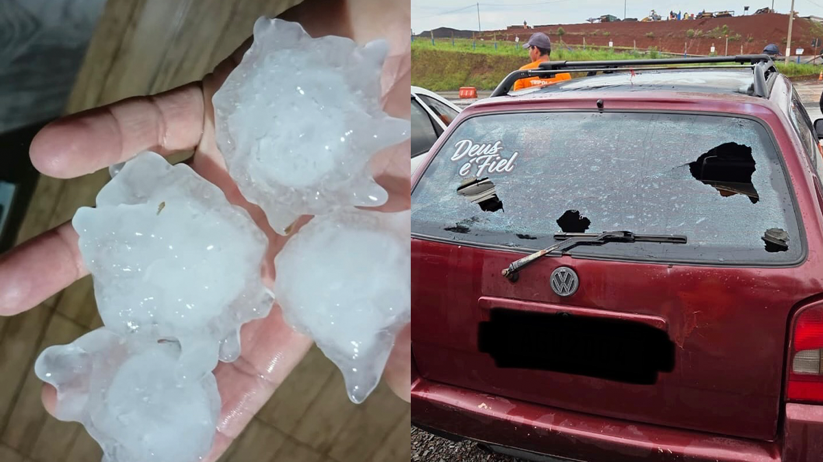 Chuva de granizo causa estragos em veículos e telhados em Pitanga
