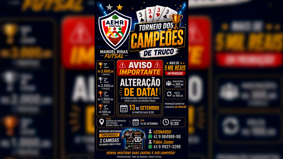 Manoel Ribas sediará Torneio dos Campeões de Truco com mais de R$ 5 mil em prêmios no dia 13 de setembro