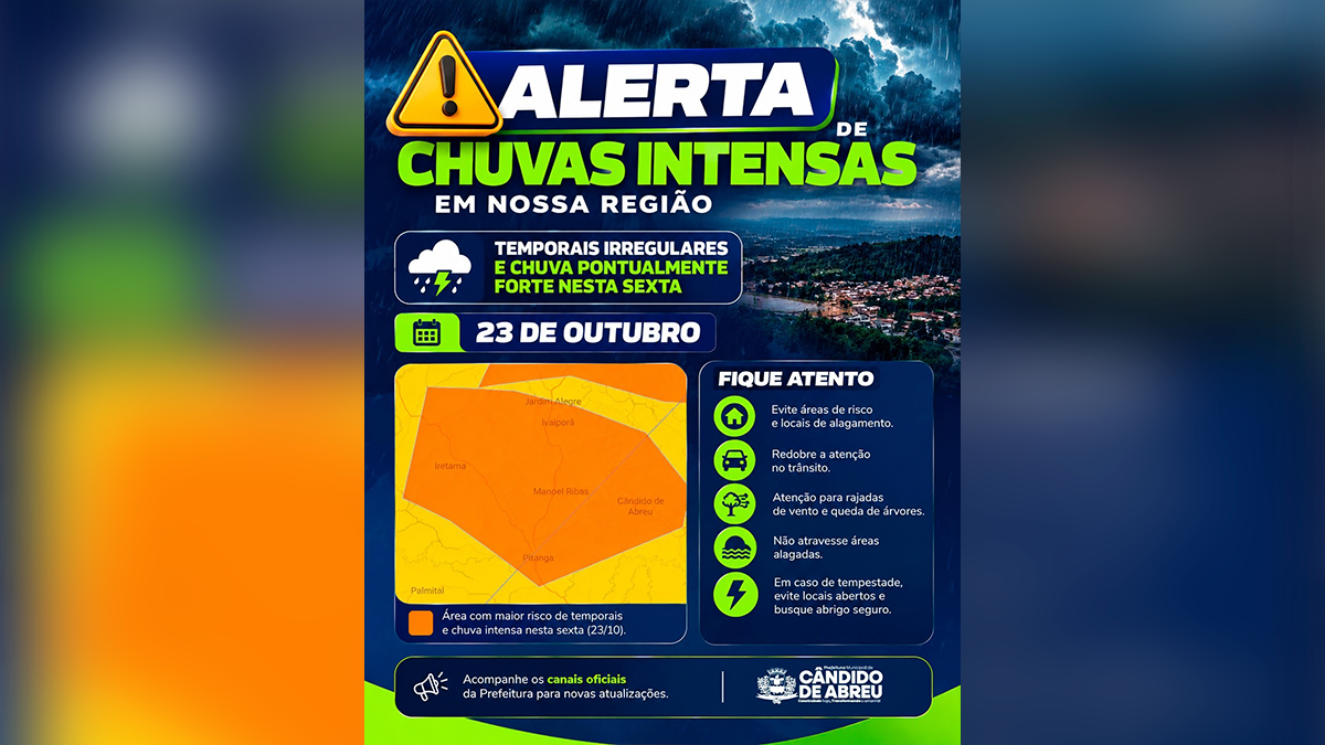 Prefeitura de Cândido de Abreu emite alerta para risco de temporais nesta sexta-feira